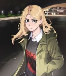 Rule 34 | 1girl, absurdres, black eyes, black sweater, blonde hair, breasts, building, collared shirt, eyebrows hidden by hair, green jacket, hands in pockets, highres, jacket, jessie (veyonis), long hair, medium breasts, night, original, shirt, solo, sweater, upper body, veyonis