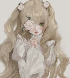 Rule 34 | 12yun30, 1girl, arm at side, blonde hair, closed mouth, expressionless, flower, flower over eye, frilled shirt collar, frills, green eyes, grey background, hair flower, hair ornament, hand up, highres, juliet sleeves, kirakishou, lips, long hair, long sleeves, looking at viewer, plant, puffy sleeves, red lips, rose, rozen maiden, shirt, simple background, solo, thorns, turtleneck, two side up, upper body, vines, wavy hair, white flower, white rose, white shirt, wide sleeves