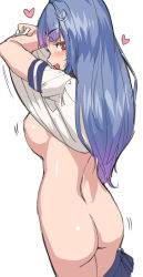 Rule 34 | 1girl, ass, blue hair, blue skirt, blunt bangs, blush, breasts, clothes lift, flat ass, from behind, hair down, heart, i-19 (kancolle), kantai collection, large breasts, lifted by self, long hair, multicolored hair, open mouth, purple hair, red eyes, sailor collar, satsuki neko, school uniform, serafuku, shirt lift, short sleeves, simple background, sketch, skirt, solo, star-shaped pupils, star (symbol), symbol-shaped pupils, undressing, white background