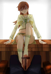 Rule 34 | 10s, 1girl, bad id, bad pixiv id, bar censor, bdsm, breasts, brown hair, censored, desk, feet, footjob, groin, kantai collection, large breasts, large penis, midriff, minakamirin, navel, no shoes, on desk, ooi (kancolle), out of frame, panties, pantyshot, penis, pov, remodel (kantai collection), school uniform, serafuku, shaded face, shadowed, sitting, on desk, solo focus, thighs, underwear, white legwear