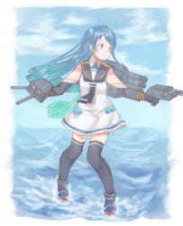 Rule 34 | 1girl, adapted turret, az toride, black neckerchief, black thighhighs, blue eyes, blue hair, blue sky, cannon, cloud, commentary request, day, elbow gloves, full body, gloves, gradient hair, kantai collection, long hair, multicolored hair, neckerchief, outdoors, outstretched arms, sailor collar, samidare (kancolle), school uniform, serafuku, shirt, sky, sleeveless, sleeveless shirt, solo, standing, standing on liquid, swept bangs, thighhighs, turret, very long hair