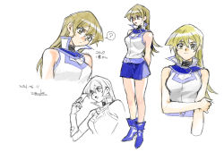 Rule 34 | 1girl, 2021, 203wolves, :d, ?, arm behind back, blonde hair, blue footwear, blue skirt, blush, boots, breasts, brown eyes, closed mouth, cropped arms, cropped torso, dated, duel academy uniform (yu-gi-oh! gx), full body, hair between eyes, high heel boots, high heels, large breasts, long hair, looking at viewer, looking down, miniskirt, open mouth, shirt, signature, sketch, skirt, sleeveless, sleeveless shirt, smile, speech bubble, straight hair, sweatdrop, tenjouin asuka, white shirt, yu-gi-oh!, yu-gi-oh! gx