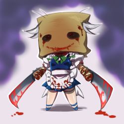 Rule 34 | 1girl, apron, bag over head, blood, blood on clothes, bloody weapon, blue dress, blue footwear, bow, braid, chibi, creepy, dress, dual wielding, evil smile, full body, holding, horror (theme), izayoi sakuya, maid, maid apron, puffy short sleeves, puffy sleeves, red eyes, shirt, shoes, short dress, short sleeves, silver hair, simple background, smile, solo, standing, tajima yuuki, thigh strap, touhou, twin braids, weapon, white background, white shirt