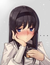 Rule 34 | ..., 1girl, alcohol, black hair, black hairband, black ribbon, blouse, blue eyes, blush, boa (brianoa), closed mouth, cup, drink, drunk, grey background, hairband, hand on own cheek, hand on own face, head rest, highres, holding, holding cup, long hair, long sleeves, looking to the side, neck ribbon, portrait, ribbon, shirt, sidelocks, solo, tohno akiha, tsukihime, white shirt