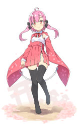 Rule 34 | 1girl, ahoge, black bow, black thighhighs, blush, bow, breasts, chinese commentary, closed mouth, collared shirt, commentary request, dress shirt, eyebrows hidden by hair, full body, groin, hair bow, hand up, hatsunatsu, high-waist skirt, long hair, long sleeves, looking at viewer, no panties, no shoes, original, petals, pink hair, pleated skirt, red bow, red eyes, red skirt, shirt, shrug (clothing), skirt, small breasts, smile, solo, standing, standing on one leg, thighhighs, torii, two side up, white background, white shirt, wide sleeves