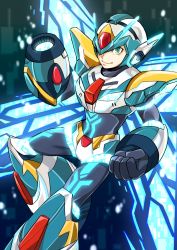 Rule 34 | 1boy, android, arm cannon, clenched hand, closed mouth, commentary, covered eyes, dive armor x (mega man), full body, glowing, green eyes, helmet, helmet over eyes, highres, knee up, ktno, looking at viewer, male focus, mega man (series), mega man x (series), mega man x dive, robot, robot ears, solo, weapon, wings, x (mega man)