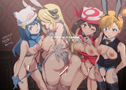 Rule 34 | 4girls, animal ears, anus, ass, bar censor, blue eyes, breasts, censored, creatures (company), cynthia (pokemon), dawn (pokemon), dripping, female focus, game freak, large breasts, may (pokemon), misty (pokemon), multiple girls, navel, nintendo, nipples, nude, nyuu (manekin-eko), pokemon, pokemon dppt, pokemon rgby, pokemon rse, pussy, pussy juice, tagme, tail, text focus, thighhighs, translation request