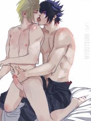 Rule 34 | 2boys, erection, final fantasy, final fantasy xv, highres, kiss, male focus, multiple boys, myoutsumi, noctis lucis caelum, penis, prompto argentum, topless male, undressing, yaoi