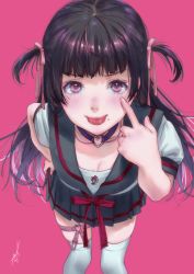 Rule 34 | 1girl, :p, bad id, bad pixiv id, black hair, blunt bangs, blush, breasts, choker, cleavage, collar, hand on own hip, heart, heart choker, kamiyama aya, long hair, looking at viewer, medium breasts, mole, mole under mouth, original, pink background, pleated skirt, purple eyes, school uniform, serafuku, simple background, skirt, smile, solo, thigh strap, thighhighs, tongue, tongue out, two side up, white thighhighs