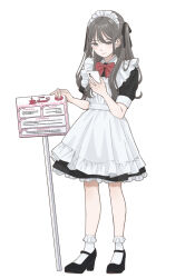 Rule 34 | 1girl, apron, black dress, black footwear, black ribbon, bow, bowtie, cellphone, collared dress, dress, frilled apron, frilled socks, frills, full body, grey eyes, grey hair, hair ribbon, highres, holding, holding phone, holding sign, long hair, looking at phone, maid, maid apron, maid headdress, nose, original, petticoat, phone, red bow, red bowtie, ribbon, short sleeves, sign, signpost, simple background, sleeve cuffs, socks, solo, white apron, white background, white headdress, white socks, yuum1709