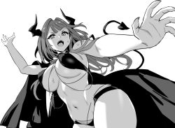 Rule 34 | 1girl, arm up, armpit peek, azur lane, azur lane: slow ahead, black cape, breasts, cape, demon horns, demon tail, devonshire (azur lane), devonshire (sadistic demon) (azur lane), greyscale, hori (hori no su), horns, large breasts, long hair, looking at viewer, micro shorts, monochrome, navel, official alternate costume, official art, open mouth, revealing clothes, shorts, simple background, slit pupils, solo, stomach, tail, white background