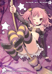 Rule 34 | 1girl, ;d, bare shoulders, black skirt, blush, broom, broom riding, choker, crossed legs, detached sleeves, feet, frilled skirt, frills, from below, front-tie top, hair ornament, halloween, happy halloween, midriff, miniskirt, one eye closed, open mouth, original, panties, pantyshot, petticoat, pink hair, pleated skirt, purple background, purple eyes, ryo (botugo), sitting, skirt, smile, solo, star (symbol), strap slip, striped clothes, striped thighhighs, thighhighs, trick or treat, twintails, underwear, upskirt, white panties, wink