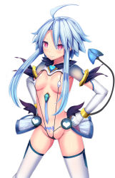 Rule 34 | 1girl, alternate costume, blanc (neptunia), blue hair, blush, breasts, commentary request, covered erect nipples, daiaru, demon tail, gloves, groin, hands on own hips, highres, leaning forward, looking at viewer, mechanical tail, neptune (series), power symbol, power symbol-shaped pupils, pubic tattoo, red eyes, revealing clothes, short hair with long locks, simple background, skin tight, small breasts, smile, solo, symbol-shaped pupils, tail, tattoo, white background, white gloves, white heart (neptunia), white legwear