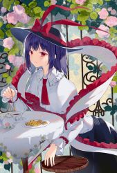 Rule 34 | 1girl, black hat, black skirt, blurry, blurry background, bow, chair, chokie, collared shirt, commentary, cookie, eyes visible through hair, flower, food, frills, green background, grey shirt, hand up, hat, hat bow, highres, kettle, leaf, long sleeves, looking at viewer, multicolored background, nagae iku, necktie, open mouth, pink flower, pink rose, plate, puffy long sleeves, puffy sleeves, purple hair, red bow, red eyes, red necktie, rose, shirt, short hair, skirt, smile, solo, spoon, standing, symbol-only commentary, table, tea, touhou, yellow background