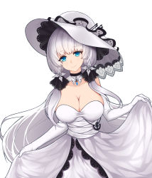 Rule 34 | 1girl, absurdres, anchor symbol, azur lane, bare shoulders, blue eyes, breasts, cleavage, dress, elbow gloves, erdongjinming, gloves, hair ribbon, hat, highres, illustrious (azur lane), lace-trimmed headwear, lace trim, large breasts, long hair, looking at viewer, ribbon, simple background, skirt hold, sleeveless, sleeveless dress, solo, strapless, strapless dress, sun hat, tress ribbon, very long hair, white background, white dress, white gloves, white hair, white hat