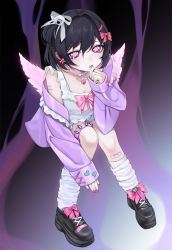 Rule 34 | 1girl, animal ears, bandaid, bandaid on knee, bandaid on leg, black background, black footwear, black hair, bow, breasts, choker, cleavage, crying, ear ribbon, feathered wings, finger to mouth, fingernails, footwear bow, frilled jacket, frills, gem, hair between eyes, hair bow, hair ornament, hand up, heart, highres, jacket, jewelry, knees up, long sleeves, looking at viewer, mini wings, nail polish, off-shoulder jacket, off shoulder, ompf, open clothes, open jacket, open mouth, original, pink background, pink bow, pink eyes, pink jacket, pink nails, pink ribbon, ribbon, scar, self-harm, shirt, shoes, short hair, single bare shoulder, skull hair ornament, sleeveless, sleeveless shirt, sleeves past wrists, small breasts, sneakers, socks, solo, spiked thighlet, tears, thigh strap, white choker, white ribbon, white socks, white wings, wings, yami kawaii