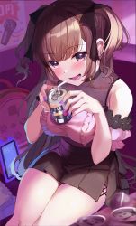 Rule 34 | 1girl, :d, backpack, bag, bare shoulders, beer can, black bow, black skirt, blush, bow, breasts, brown hair, can, cellphone, couch, detached sleeves, drink can, frilled shirt, frills, hair bow, highres, holding, holding can, indoors, large breasts, long hair, looking at viewer, miniskirt, monoto, nail polish, on couch, open mouth, original, phone, pink shirt, pleated skirt, puffy short sleeves, puffy sleeves, purple eyes, purple nails, shirt, short sleeves, sidelocks, sitting, skirt, smartphone, smile, solo, two side up