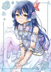 Rule 34 | 1girl, angel wings, arm garter, arm ribbon, artist name, artist request, back bow, bare shoulders, blue dress, blue hair, blue ribbon, blush, bow, bowtie, bracelet, breasts, butterfly hair ornament, buttons, center frills, clothing cutout, collared dress, detached arm, detached sleeves, dress, female focus, flat chest, flower, flower print, frilled dress, frilled shorts, frills, gem, hair between eyes, hair flower, hair ornament, hair ribbon, hairclip, hand on own knee, highres, jewelry, lace, lace-trimmed dress, lace trim, long dress, long hair, looking at viewer, love live!, love live! school idol festival, love live! school idol project, microphone, parted lips, pearl (gemstone), pink bow, purple bow, purple shorts, ribbon, rose, sash, shorts, shorts under dress, shoulder cutout, skirt, sleeveless, sleeveless dress, small breasts, smile, solo, sonoda umi, striped, striped bow, teeth, white background, white detached collar, white flower, white rose, white skirt, white wings, wings, wrist ribbon, x hair ornament, yellow eyes