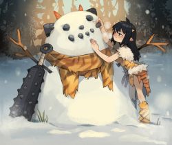 Rule 34 | 1girl, ahoge, animal print, bandages, black eyes, black hair, blush, branch, breath, carrot, christmas, closed mouth, club, club (weapon), fur trim, grass, hair between eyes, highres, holding, holding rock, horns, oni, oni-chan (suizilla), oni horns, orange scarf, original, outdoors, pine tree, pointy ears, rock, scarf, signature, silhouette, smile, snow, snowing, snowman, solo, spiked club, spikes, sui (suizilla), tiger print, tree, weapon, yellow horns