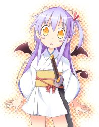Rule 34 | 1girl, aoba (kmnm3234), blush stickers, demon tail, demon wings, hair ribbon, head tilt, japanese clothes, kimono, long hair, looking at viewer, obi, open mouth, pointy ears, purple hair, ribbon, sash, sengoku collection, side ponytail, solo, sword, tail, tsukahara bokuden, tsukahara bokuden (sengoku collection), weapon, wings, yellow eyes