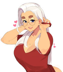 Rule 34 | 1girl, blue eyes, blush, breasts, cleavage, glasses, highres, june (squeezable), large breasts, long hair, looking at viewer, mole, mole under eye, original, round eyewear, smile, solo, squeezable (squeezabledraws), thick eyebrows, white hair, white nails, yellow-framed eyewear