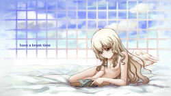 Rule 34 | angel, blonde hair, brown eyes, censored, cloud, convenient censoring, day, english text, flat chest, long hair, lying, mouth hold, nude, on side, original, sky, solo, tsukikase, window, wings