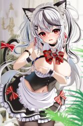Rule 34 | 1girl, animal ears, breasts, cat ears, cleavage, grey hair, highres, hololive, inari (ambercrown), looking at viewer, medium hair, multicolored hair, open mouth, red eyes, sakamata chloe, solo, streaked hair, virtual youtuber