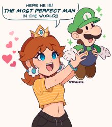 Rule 34 | 1boy, 1girl, :d, blouse, blue eyes, blush, bracelet, breasts, brown hair, cremanata, crown, english text, facial hair, freckles, gloves, green headwear, happy, hat, heart, highres, holding person, jewelry, luigi, mario (series), midriff, mustache, navel, nintendo, open mouth, overalls, princess daisy, shirt, smile, speech bubble, spoken heart, striped clothes, striped shirt, super mario land, white gloves, yellow shirt