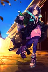 Rule 34 | 1girl, black jacket, blue sky, blush, bob cut, bottle, breasts, echo (circa), eyeliner, fate/grand order, fate (series), gourd, headpiece, horns, jacket, long sleeves, looking at viewer, makeup, oni, open clothes, open jacket, pants, pink footwear, pink sweater, purple eyes, purple hair, purple pants, sake bottle, shoes, short eyebrows, short hair, shuten douji (fate), shuten douji (under the same sky) (fate), skin-covered horns, sky, smile, sneakers, sweater, tight clothes, tight pants, under the same sky