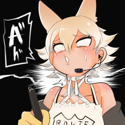 Rule 34 | animal ears, black background, black jacket, blonde hair, coyote, coyote (kemono friends), gloves, highres, jacket, kemono friends, kemono friends v project, mcgunngu, necktie, shirt, shoes, short hair, simple background, skirt, smile, tail, virtual youtuber, white shirt, wolf ears, wolf tail, yellow eyes, yellow gloves