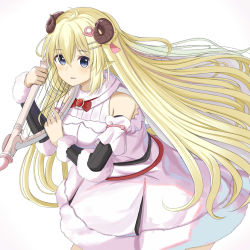 Rule 34 | 1girl, animal ears, bare shoulders, black sleeves, blonde hair, blue eyes, bow, bowtie, braid, breasts, commentary request, curled horns, detached sleeves, dress, fur-trimmed dress, fur-trimmed sleeves, fur trim, hair between eyes, hair ornament, hairclip, harp, highres, holding, holding instrument, hololive, horns, instrument, long hair, long sleeves, medium breasts, natsuki (natukituki), parted lips, red bow, red bowtie, sheep ears, sheep girl, sheep horns, simple background, sleeveless, sleeveless dress, smile, solo, tsunomaki watame, tsunomaki watame (1st costume), very long hair, virtual youtuber, white background, white dress