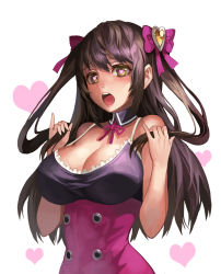 Rule 34 | 1girl, bad id, bad pixiv id, blush, bow, breasts, cleavage, hair bow, heart, heart-shaped pupils, large breasts, open mouth, original, ruffling hair, simple background, sl86, solo, symbol-shaped pupils, two side up