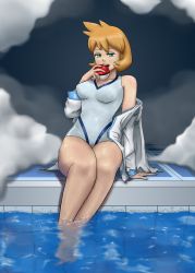 Rule 34 | absurdres, creatures (company), game freak, gym leader, highres, jacket, legs, misty (pokemon), nintendo, one-piece swimsuit, open mouth, orange hair, poke ball, pokemon, swimsuit, water, white one-piece swimsuit