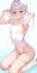 Rule 34 | 1girl, breasts, highres, long hair, looking at viewer, mignon, one-piece swimsuit, pink eyes, shiro-chan (mignon), sitting, small breasts, solo, swimsuit, thigh strap, thighs, water, wet, white hair, white one-piece swimsuit