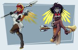 Rule 34 | 2girls, alternate costume, bob cut, bodysuit, breasts, broom, broom riding, cleavage, colored sclera, colored skin, cosplay, crossed legs, dc comics, green eyes, green sclera, halo, hat, highres, large breasts, long hair, mechanical halo, mechanical wings, mercy (overwatch), mercy (overwatch) (cosplay), multiple girls, orange skin, overwatch, overwatch 1, pantyhose, pointy footwear, purple eyes, purple hair, raven (dc), red hair, short hair, staff, standing, standing on one leg, starfire, teen titans, thighhighs, wings, witch hat, witch mercy