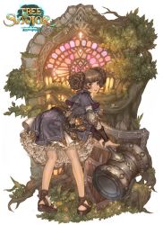Rule 34 | 1girl, :d, ass, bent over, blue dress, brown eyes, brown hair, cleric (tree of savior), double bun, dress, frilled dress, frills, full body, hammer, highres, leaf, long sleeves, looking back, maggi, official art, open mouth, plant, round teeth, sandals, shield, smile, solo, teeth, tree, tree of savior