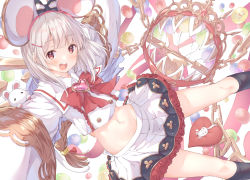 Rule 34 | 1girl, :d, animal ears, arms up, black legwear, bow, breasts, brooch, calf socks, chain, cropped, fake animal ears, granblue fantasy, hair ornament, hairclip, headband, heart, heart brooch, highres, jewelry, long sleeves, looking at viewer, midriff, mouse (animal), mouse ears, navel, open mouth, red bow, red eyes, shirt, short hair, silver hair, skirt, smile, solo, ukiwakisen, vikala (granblue fantasy), white background, white shirt, white skirt