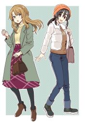 2girls :d :o aqua_eyes arm_at_side bag beanie black_hair black_pantyhose blush bonkara_(sokuseki_maou) border brown_bag brown_eyes brown_footwear brown_sweater coat commentary_request denim down_jacket full_body fur-trimmed_jacket fur_trim green_background green_coat hair_between_eyes handbag hat high_heels highres holding holding_bag holding_strap jacket jeans kuchibeta_shokudou lapels light_brown_hair long_sleeves looking_at_viewer multiple_girls official_art open_clothes open_coat open_hand open_jacket open_mouth orange_hat padded_jacket pants pantyhose polka_dot polka_dot_background ponytail ribbed_sweater shoulder_bag sidelocks skirt smile standing sweater turtleneck turtleneck_sweater white_border white_jacket winter_clothes yellow_sweater