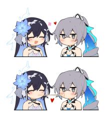 Rule 34 | 2girls, :d, armor, bare shoulders, blush, breasts, bronya zaychik, bronya zaychik (herrscher of truth), chibi, closed mouth, colored inner hair, commentary, couple, dress, drill hair, flower, grey eyes, grey hair, hair flower, hair ornament, happy, heart, high ponytail, highres, honkai (series), honkai impact 3rd, kiss, looking at viewer, multicolored hair, multiple girls, natsuki (2917), no mouth, open mouth, parody, ponytail, seele vollerei, seele vollerei (herrscher of rebirth), simple background, single drill, small breasts, smile, symbol-only commentary, upper body, white armor, white background, white dress, yuri