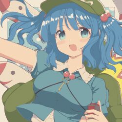 Rule 34 | 1girl, absurdres, backpack, bag, blue eyes, blue hair, commentary request, flat cap, green hat, hair bobbles, hair ornament, hat, highres, kawashiro nitori, key, looking at viewer, mimi-chan, missile, nazawa (nother), short sleeves, solo, touhou, traditional media, two side up, upper body