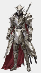 Rule 34 | 1boy, absurdres, armor, cape, clenched hands, fantasy, full armor, gauntlets, greaves, grey background, haowei wu, helm, helmet, highres, knight, male focus, original, pauldrons, red cape, shoulder armor, simple background, solo, standing, sword, vambraces, weapon, weapon on back