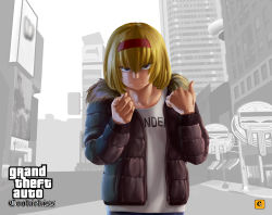 Rule 34 | 1girl, alice margatroid, alternate costume, black jacket, blue pants, building, city, closed mouth, clothes writing, collarbone, commentary request, cookie (touhou), fur-trimmed jacket, fur trim, grand theft auto, grand theft auto: san andreas, grand theft auto iv, grey background, hair between eyes, highres, jacket, lamppost, long sleeves, looking at viewer, megafaiarou (talonflame 810), pants, pointing, pointing at viewer, purple eyes, shirt, short hair, skyscraper, solo, standing, t-shirt, taisa (cookie), touhou, upper body, white shirt