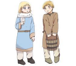Rule 34 | 2boys, belt, blonde hair, blue eyes, blush, brown eyes, bucket, canute, carrying, child, eyebrows, eyelashes, fur, fur trim, hand up, highres, looking at another, male focus, multiple boys, pointing, prince, shiny skin, shoes, short hair, simple background, teeth, thorfinn, tunic, viking, vinland saga, white background, winter clothes
