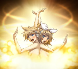 Rule 34 | 1boy, 1girl, ar tonelico, ar tonelico ii, back-to-back, bad id, bad pixiv id, blonde hair, blue eyes, brother and sister, gust, hair ornament, hairclip, headphones, kagamine len, kagamine rin, nude, parody, short hair, siblings, terumii, topless, twins, vocaloid