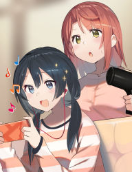 Rule 34 | 2girls, :d, absurdres, bad id, bad pixiv id, beamed eighth notes, black hair, blue eyes, blurry, blurry background, blush, brown eyes, brown hair, cellphone, couch, depth of field, earbuds, earphones, eighth note, hair dryer, hair over shoulder, hands up, highres, holding, holding phone, kasa list, long hair, long sleeves, love live!, love live! nijigasaki high school idol club, low twintails, multiple girls, musical note, on couch, open mouth, parted bangs, phone, pink shirt, quarter note, shirt, sitting, sleeves past wrists, smile, sparkle, standing, striped clothes, striped shirt, sweat, twintails, uehara ayumu, v-shaped eyebrows, yuuki setsuna (love live!)