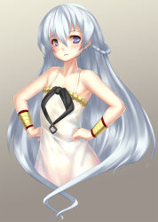 Rule 34 | 1girl, ar nosurge, bare shoulders, blue eyes, blue hair, blush, bracer, braid, cowboy shot, cropped legs, dress, flat chest, french braid, frown, gradient background, grey background, hair between eyes, half updo, hands on own hips, long hair, looking at viewer, matching hair/eyes, ntny, ribbon, shurelia (ar tonelico), silver hair, simple background, solo, sundress, surge concerto, very long hair, white dress