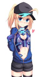 Rule 34 | 1girl, artoria pendragon (fate), baseball cap, black hat, blonde hair, blue eyes, blush, breasts, cross (crossryou), fate/grand order, fate (series), fingerless gloves, gloves, hat, heart, highres, jacket, looking at viewer, mysterious heroine x (fate), mysterious heroine x (third ascension) (fate), navel, open clothes, open jacket, ponytail, shorts, simple background, small breasts, solo, standing, thighhighs, track jacket