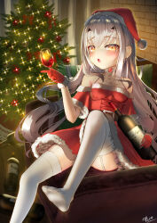 Rule 34 | 1girl, alcohol, asobeco, blush, bottle, breasts, christmas tree, cup, dress, drinking glass, fate/grand order, fate (series), forked eyebrows, fur-trimmed dress, fur-trimmed headwear, fur trim, gloves, hat, highres, jewelry, long hair, looking at viewer, melusine (fate), neck ring, off shoulder, open mouth, red dress, red gloves, red hat, santa costume, santa dress, santa hat, short sleeves, sidelocks, small breasts, solo, thighhighs, thighs, white hair, white thighhighs, wine, wine bottle, wine glass, yellow eyes