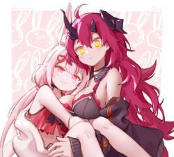 Rule 34 | 2girls, absurdres, ahoge, animal ear fluff, animal ears, black bra, black jacket, bra, breasts, rabbit ears, camisole, carrying, choker, cleavage, commentary request, hair ornament, hairclip, highres, horns, hug, jacket, large breasts, long hair, low twintails, magrona, magrona channel, multiple girls, navel, official art, pink eyes, princess carry, red camisole, red hair, shippitsu, smile, tomari mari, tomari mari channel, twintails, underwear, upper body, virtual youtuber, white jacket, yellow eyes