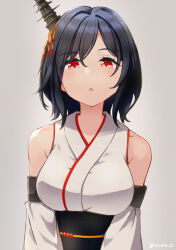 Rule 34 | 1girl, black hair, breasts, chestnut mouth, detached sleeves, grey background, hair ornament, highres, izumikuma, japanese clothes, kantai collection, large breasts, looking at viewer, medium hair, nontraditional miko, obi, red eyes, sash, simple background, solo, upper body, yamashiro (kancolle)